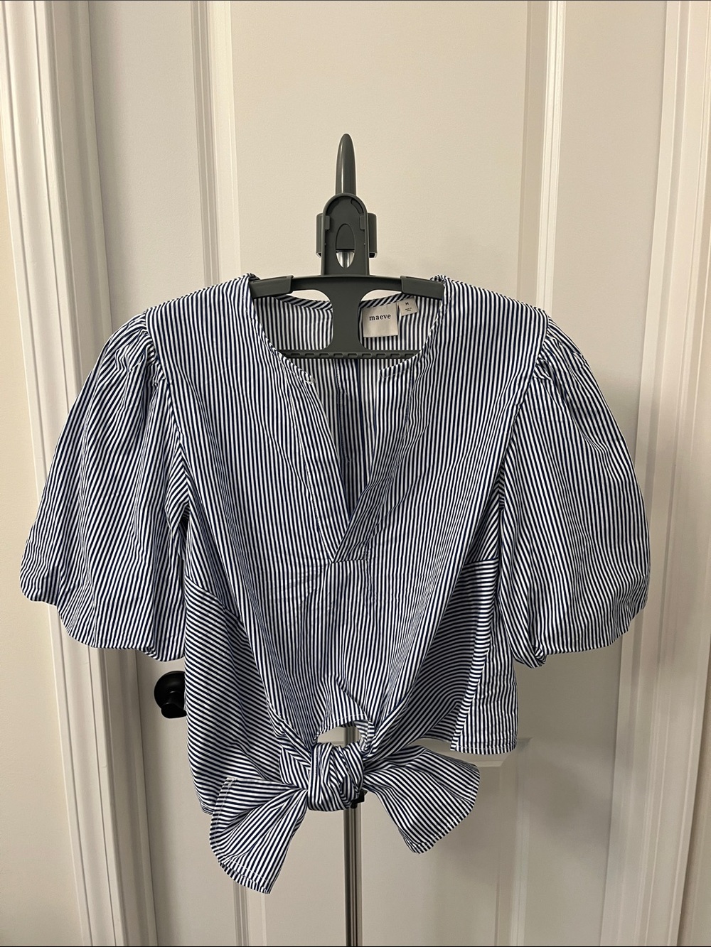 Anthropologie Navy & White Striped Tie-Knot Puff Sleeve Blouse